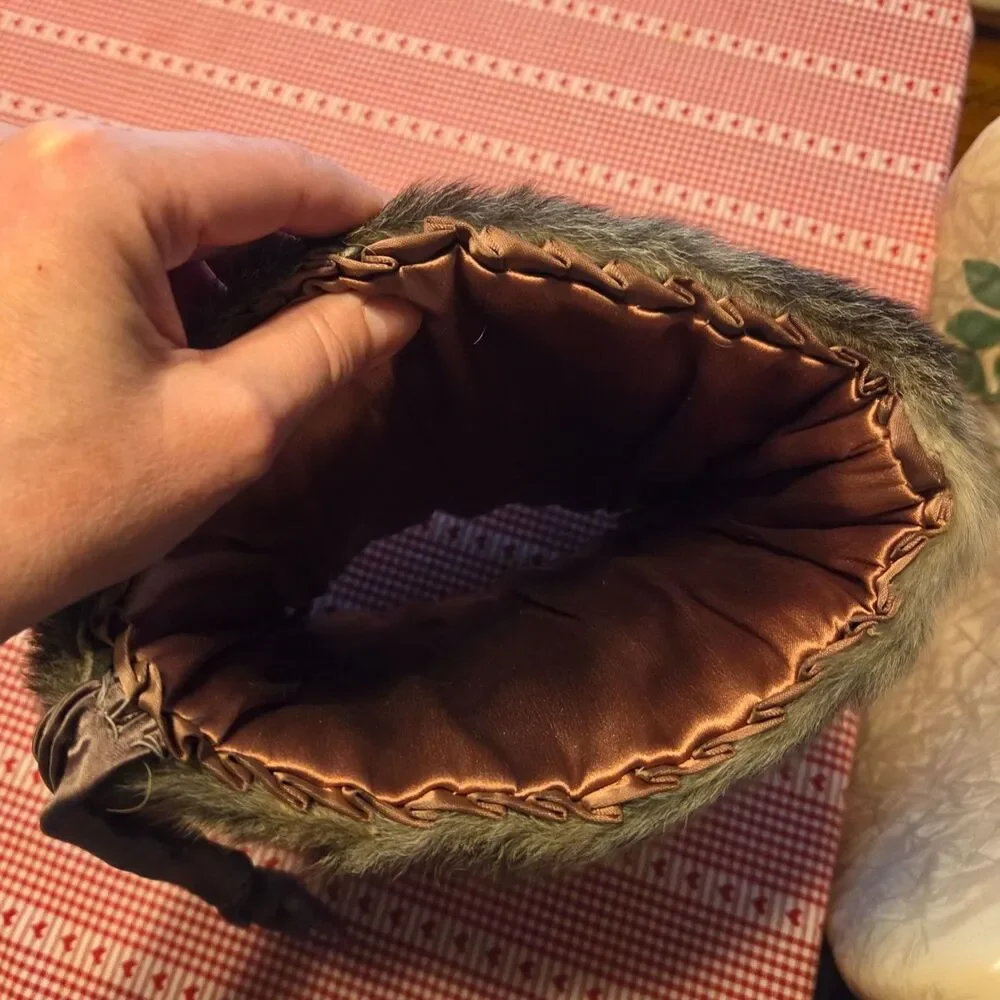 Vintage 1950s Fur Muff Handwarmer Satin Interior Tie Strap Gray Fur